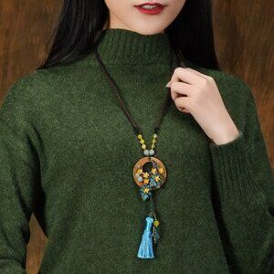 Jewelry necklace long statement Ethnic wooden tassel butterfly beaded brand new